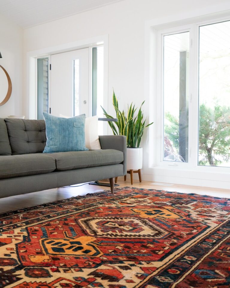 Teppiche als Raumteiler: Zonen im Wohnbereich gestalten teal 2-seat couch and red area rug