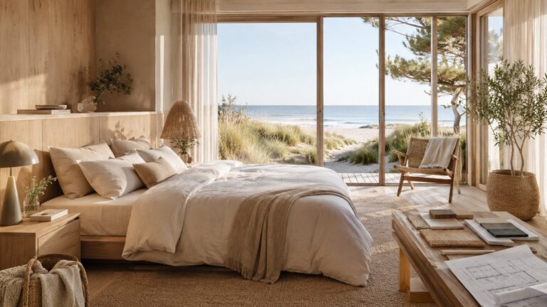 Hausbau-Trends: Neubau-Schlafzimmer mit Naturmaterialien und Meerblick
